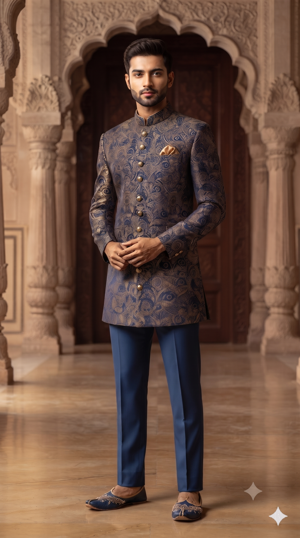 Achkan & Bandhgala Fabric ManTire Lachka Fabric With Jacquard Colour Golden Blue