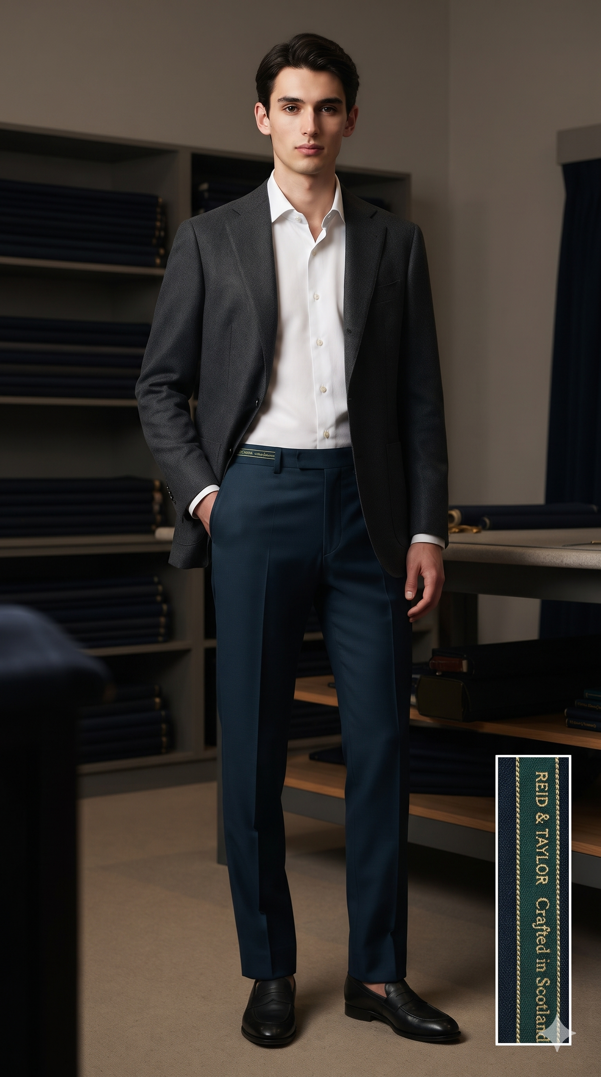 Trouser Fabric Reid & Taylor Super 140s Count 45%Wool Plain Color Charleston Green