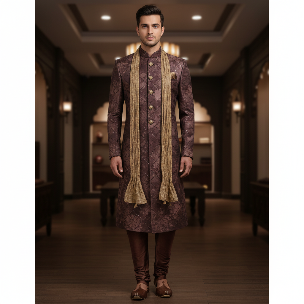 Achkan Fabric ManTire Velvet Fabric With Sequence Work Colour Coffee