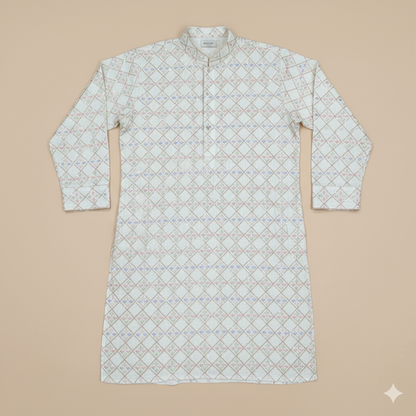 Kurta Fabric ManTire Designer Silk Embroidery Colour White