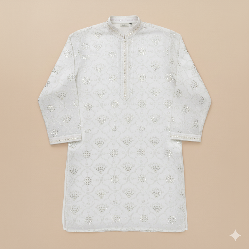 Kurta Fabric ManTire Designer Silk Embroidery Colour Off White
