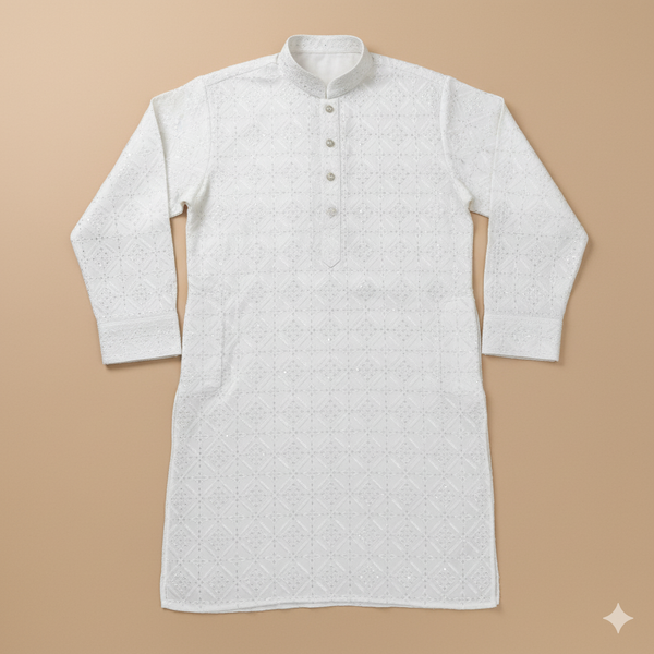 Kurta Fabric ManTire Designer Silk Embroidery Colour Off White