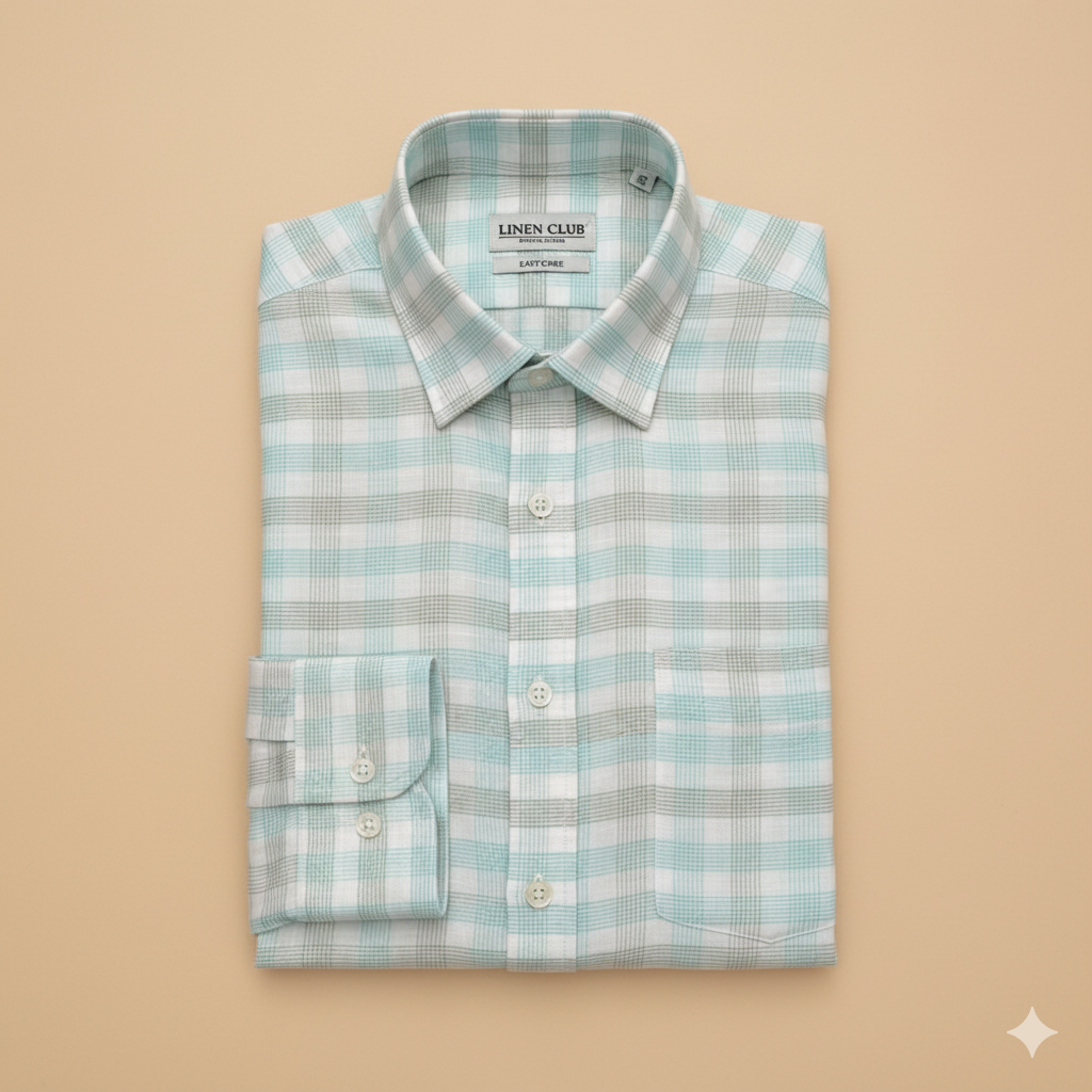 Shirt Fabric Linen Club Pure Linen Check Colour Mint Green N White