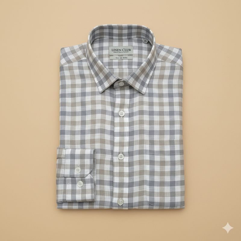 Shirt & Kurta Fabric Linen Club Pure Linen Check Colour Beige N Gingham Grey