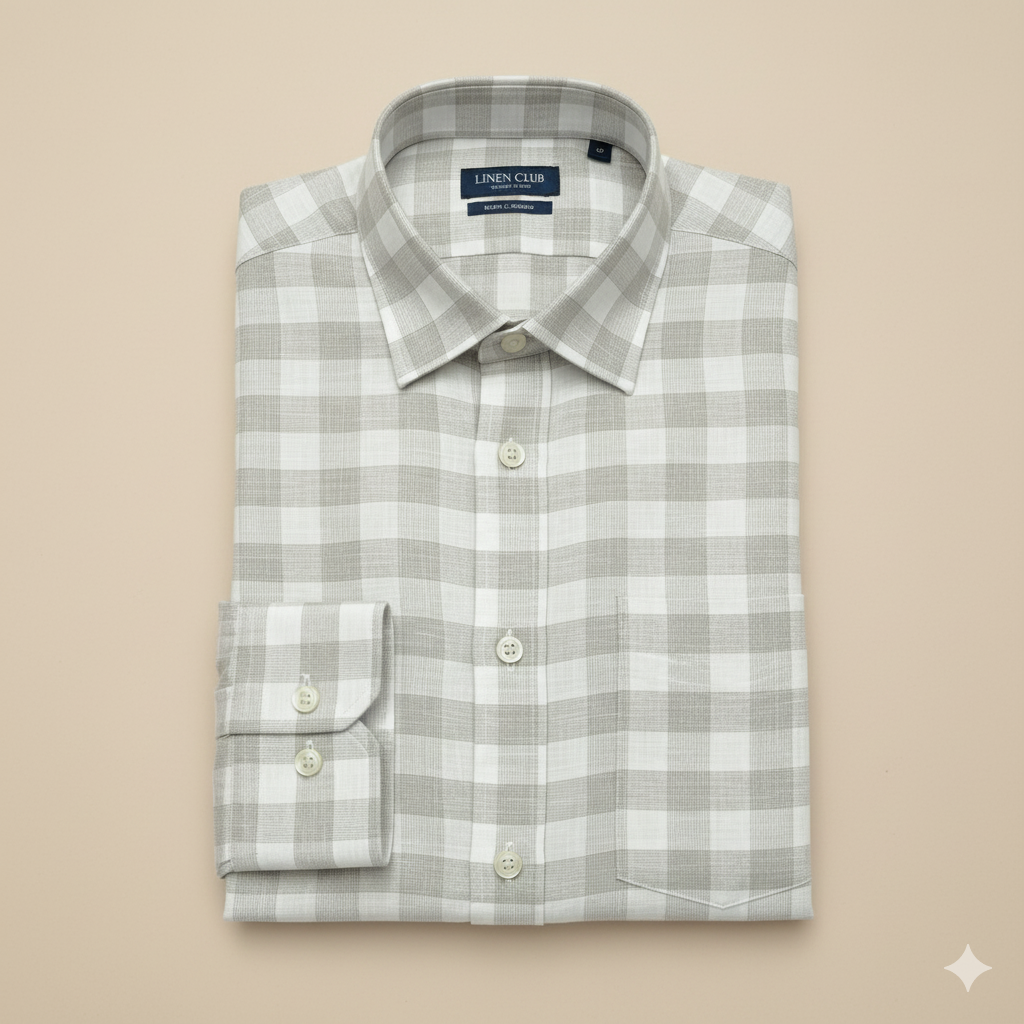 Shirt Fabric Linen Club Pure Linen Broad Check Colour Light Brown