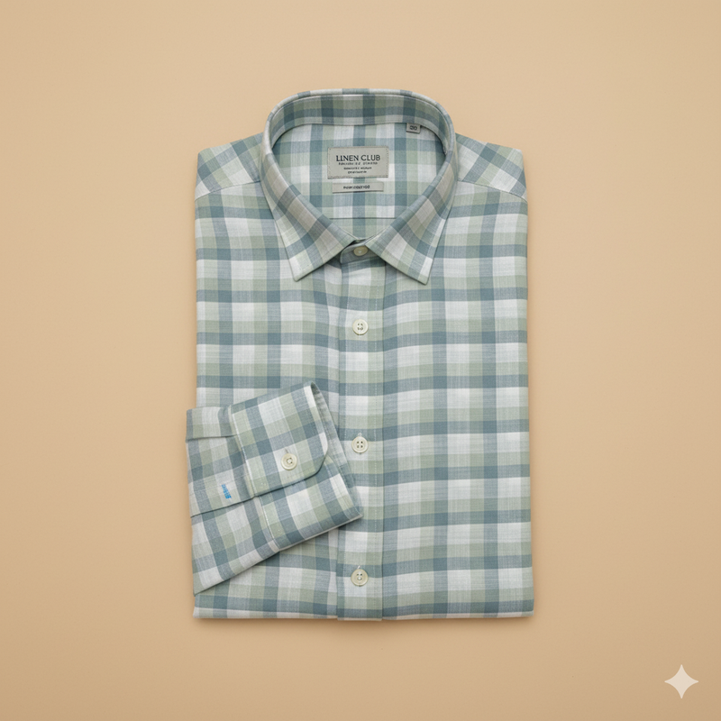 Shirt & Kurta Fabric Linen Club Pure Linen Check Colour Light Sea Green N White