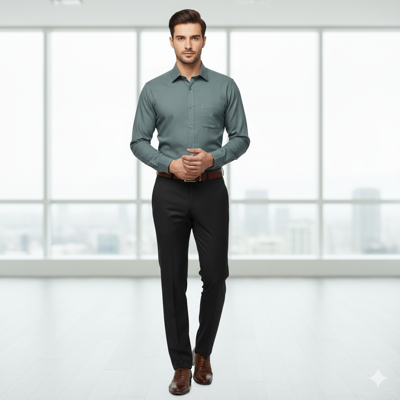 Pant Shirt Combo Pack Graviera Black Pant, Plain Poly Cotton Pistachio Green Shirt Fabric