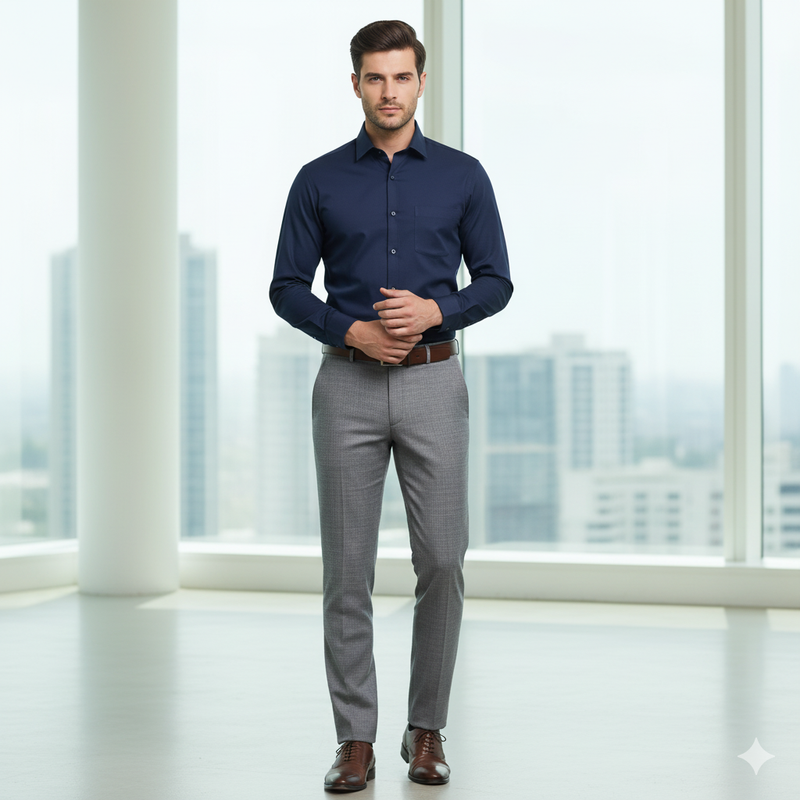 Pant Shirt Combo Pack Siyaram Grey Pant, Plain Poly Cotton Navy Blue Shirt Fabric