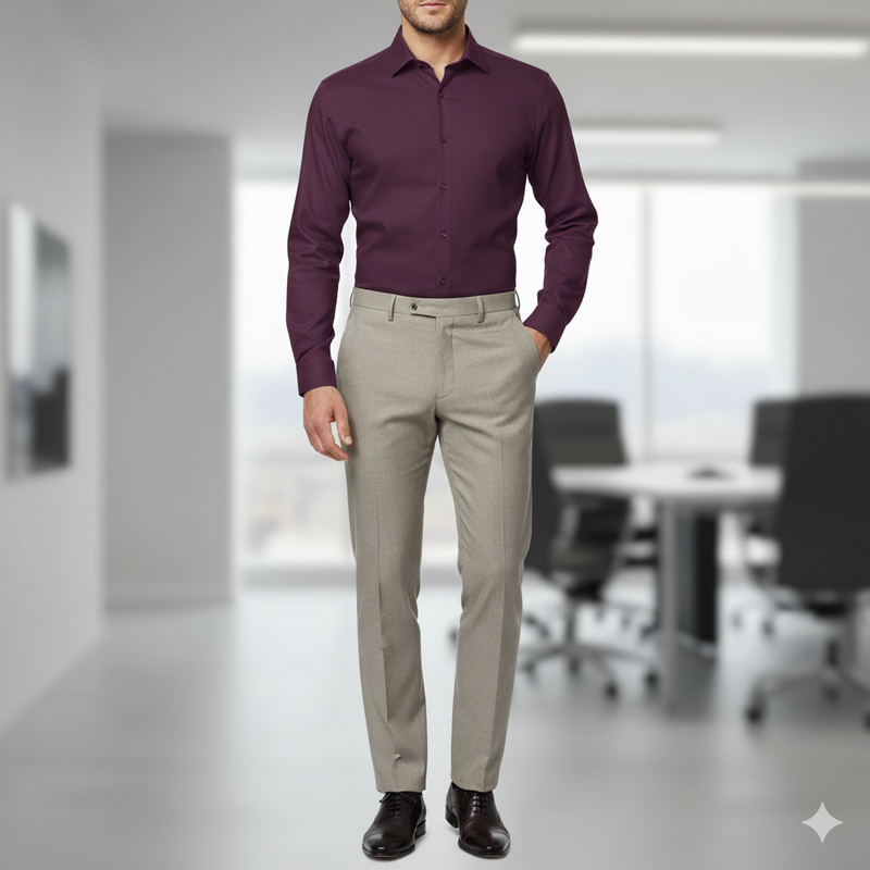 Pant Shirt Combo Pack Siyaram Beige Pant, Plain Poly Cotton Dark Maroon Shirt Fabric
