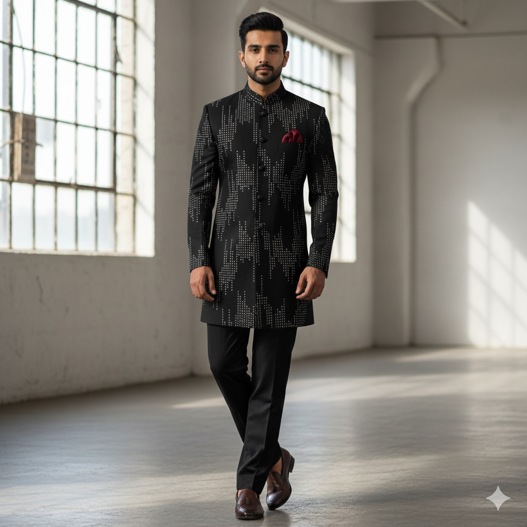 Achkan Fabric ManTire Velvet Fabric With Embroidery Work Colour Black