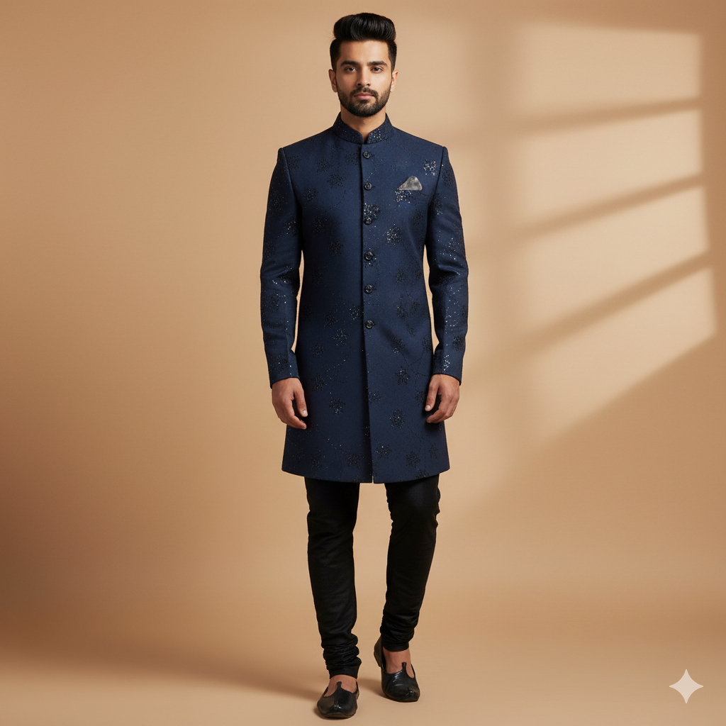 Achkan Fabric ManTire Velvet Fabric With Embroidery Work Colour Space Blue