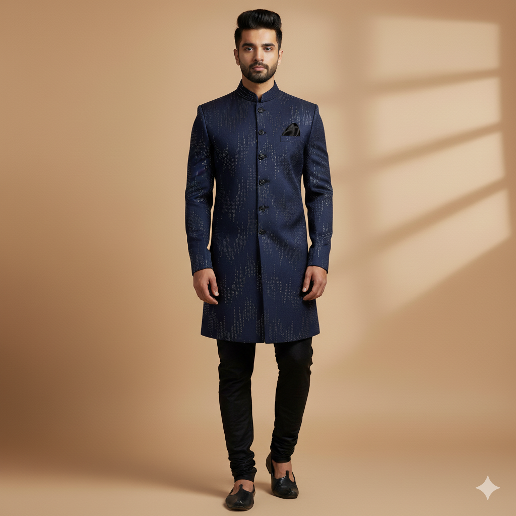Achkan Fabric ManTire Velvet Fabric With Embroidery Work Colour Air Force Blue
