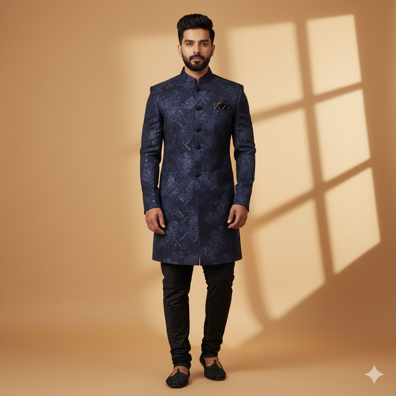 Achkan Fabric ManTire Velvet Fabric With Sequence Work Colour Navy Blue