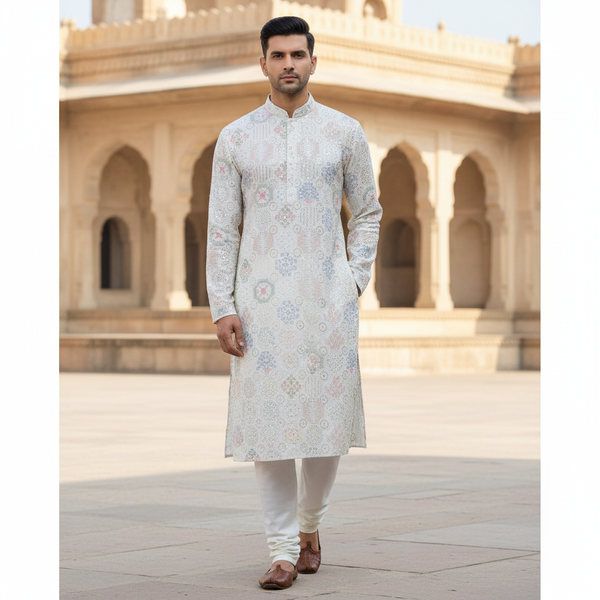 Kurta Fabric ManTire Designer Silk Embroidery Colour Light Blue N White
