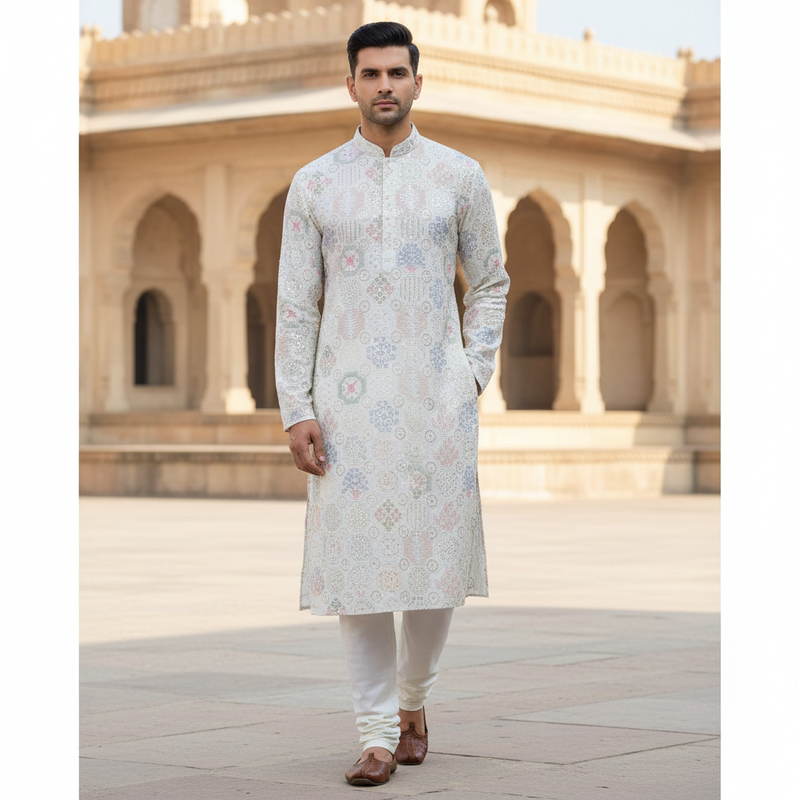 Kurta Fabric ManTire Designer Silk Embroidery Colour Light Blue N White