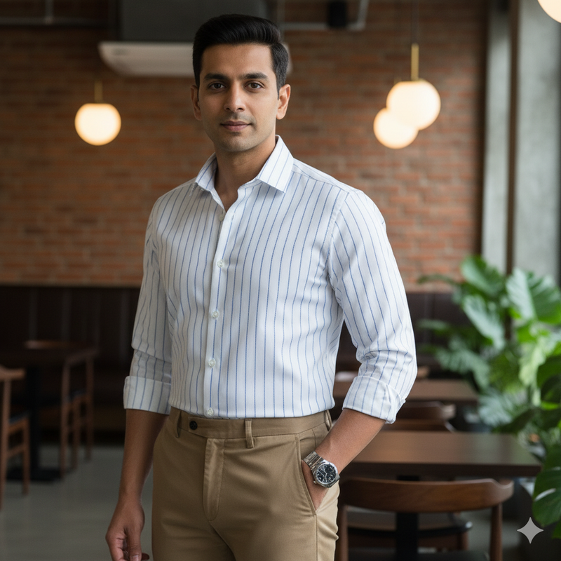 Shirt Fabric Raymond Stretchable Giza Cotton Broad Lining Colour Blue N White