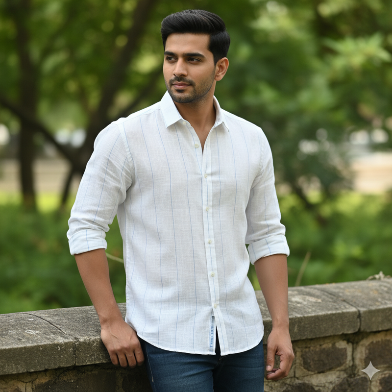 Shirt Fabric Linn Club Pure Linen Broad Lining Colour Blue N White