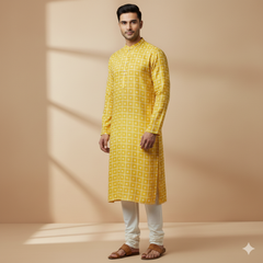 Solino 60 LEA Pure Linen Butta Shirt n Kurta Fabric Colour Mango Yellow