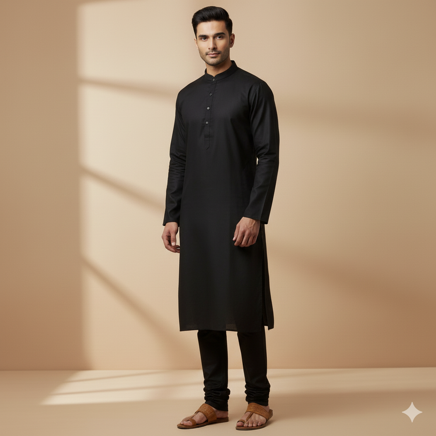 Kurta Pajama Fabric ManTire 100% Cotton Premium Plain Colour Black