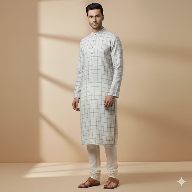 Shirt & Kurta Fabric Linen Club Pure Linen Check Colour Light Brown N Off White