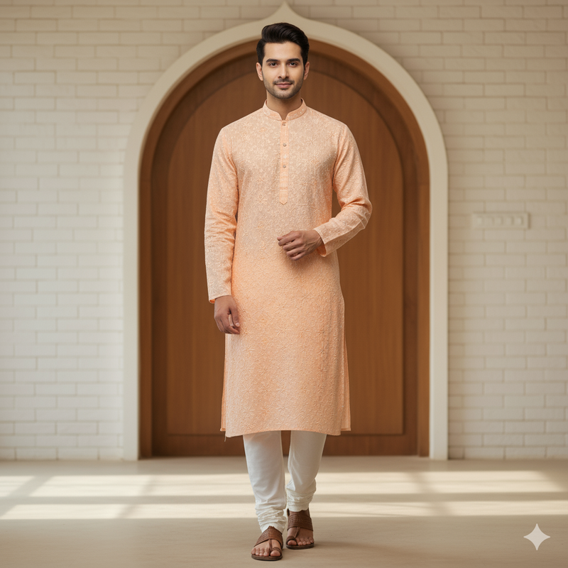 kurta Fabric ManTire Rayon Chikankari Lucknowi Sequins Work Peach