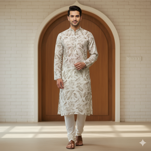 Kurta Fabri Linen Club Linen Cotton Mix Printed Colour Light Green N Off White