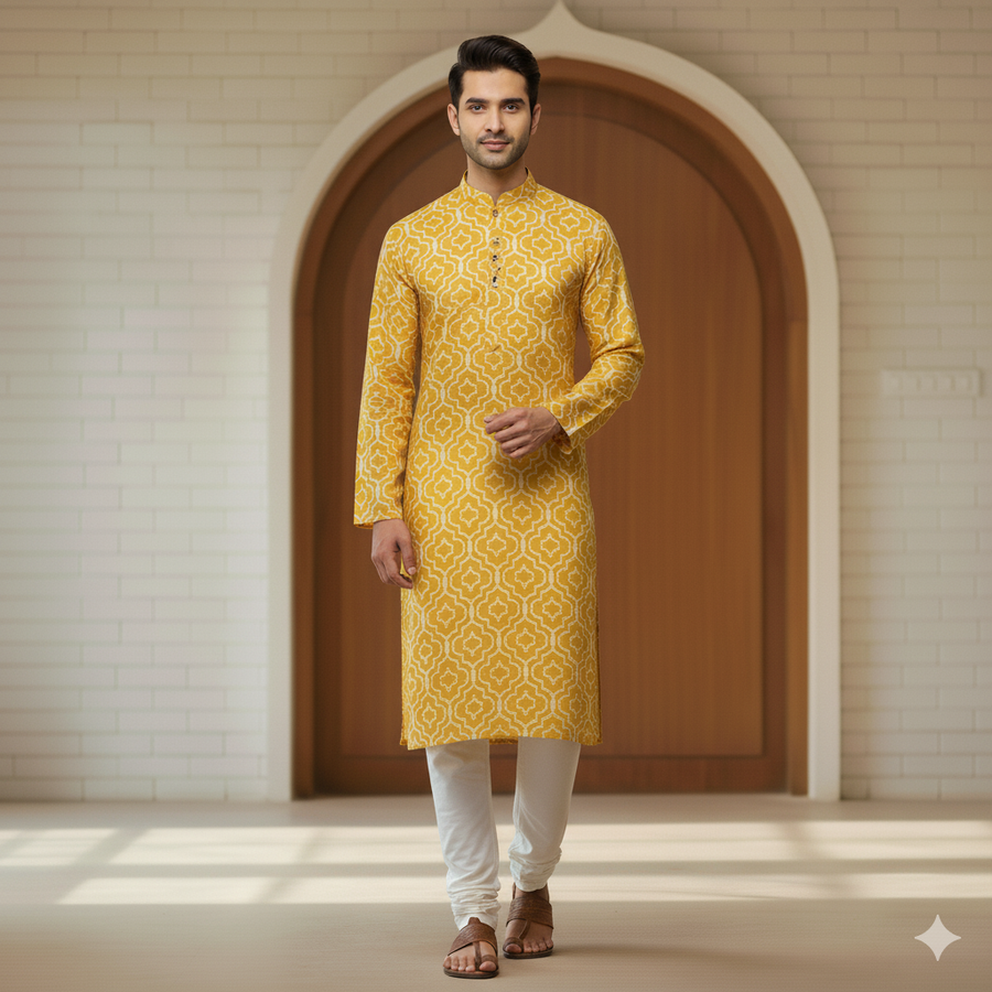 ManTire Men's Designer Silk Digital Printed Kurta Fabric Colour Golden Poppy Yellow