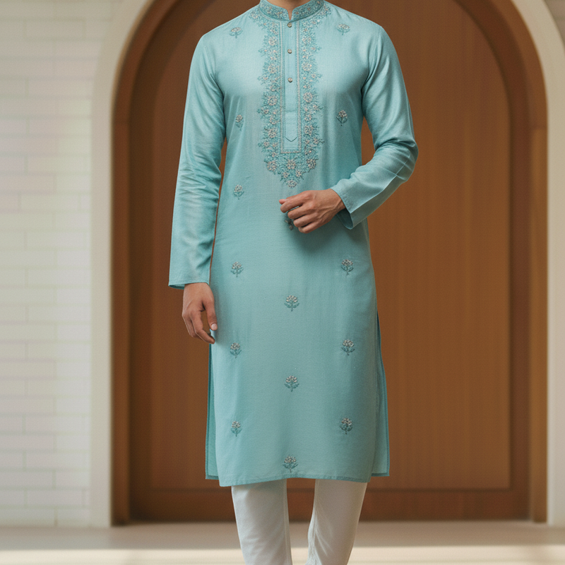 Kurta Pajama Fabric ManTire Designer Silk Embroidery Colour Firozi Blue