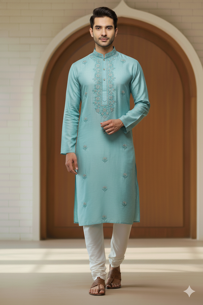 Kurta Pajama Fabric ManTire Designer Silk Embroidery Colour Firozi Blue