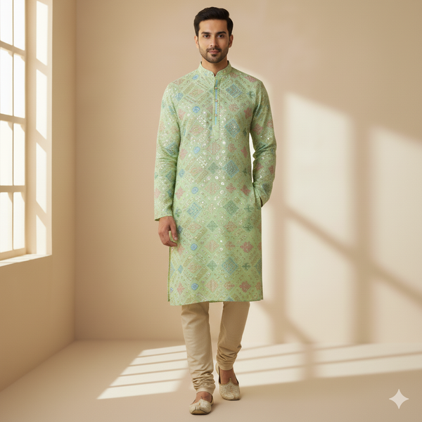 Kurta Fabric ManTire Designer Silk Embroidery Colour Light Green