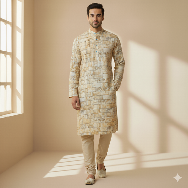 Kurta Fabric Linen Club Linen Cotton Mix Digital Printed Colour Light Brown