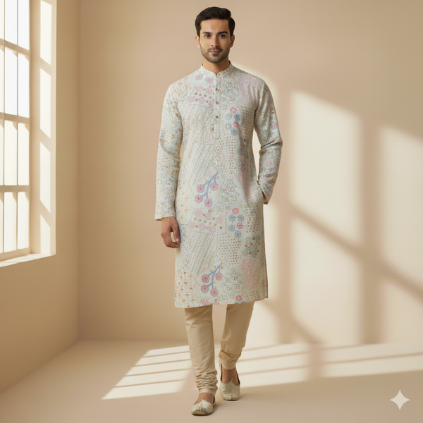 Kurta Fabric ManTire Designer Silk Embroidery Colour Light Blue N White