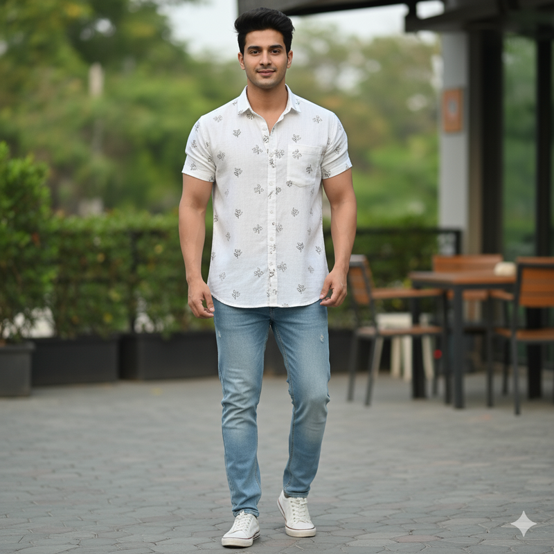 Shirt Fabric ManTire 100% Cotton Premium Linen Look Printed Colour Light Brown N White