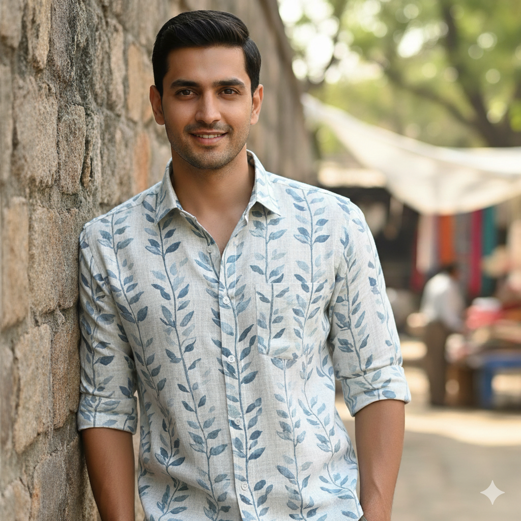 Shirt Fabric ManTire 100% Cotton Premium Linen Look Digital Print Colour Blue N Light Green