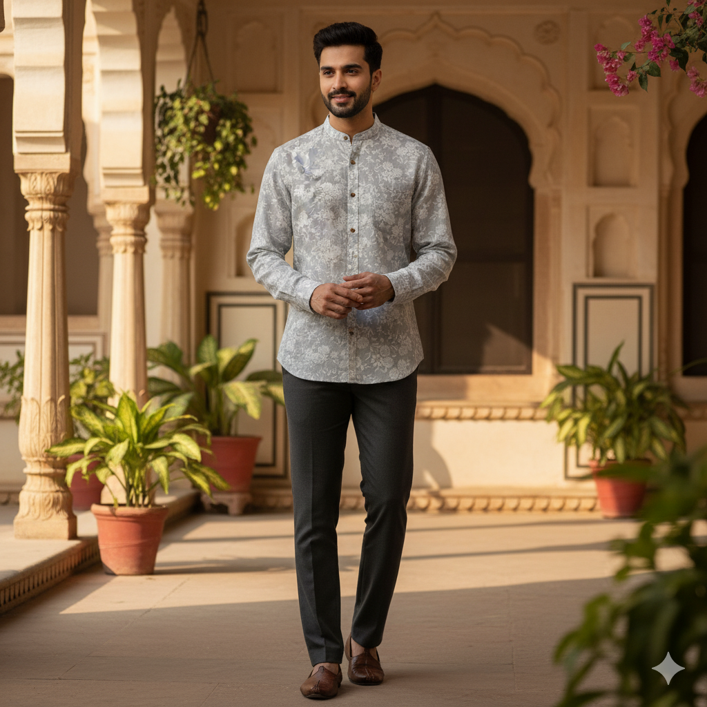 Shirt Fabric ManTire 100% Cotton Premium Linen Look Printed Colour Light Grey