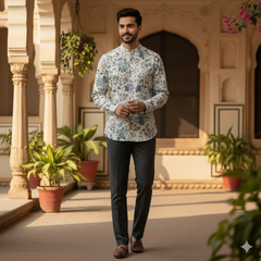 Shirt Fabric ManTire 100% Cotton Premium Linen Look Printed Colour Green N Off White