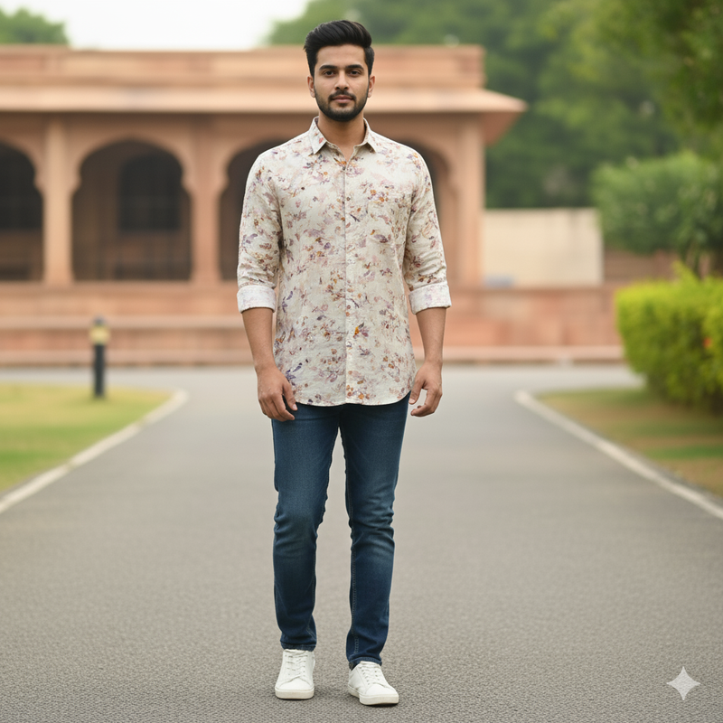 Shirt Fabric ManTire 100% Cotton Premium Linen Look Digital Print Colour Sherbet Peach