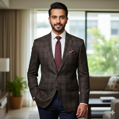 Tweed BlazerFabric Raymond Super 100s Count 100%Wool Check Colour Mocha Brown