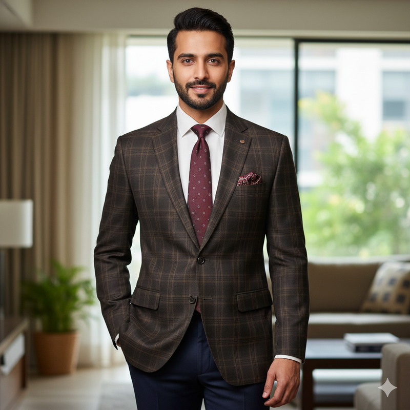 Tweed BlazerFabric Raymond Super 100s Count 100%Wool Check Colour Mocha Brown