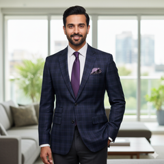 Tweed Blazer Fabric Raymond Super 100s Count 100%Wool Check Colour Dark Blue