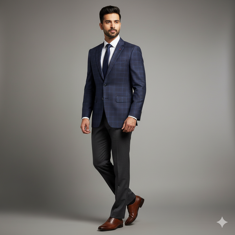 Tweed Blazer Fabric Raymond Super 100s Count 100%Wool Check Colour Cobalt Blue