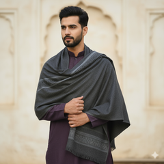 Modella Woollen Thick Shawl Lohi Himalyan With Border Colour Blackish Grey N Light Blue