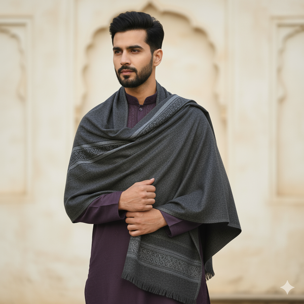 Modella Woollen Thick Shawl Lohi Himalyan With Border Colour Blackish Grey