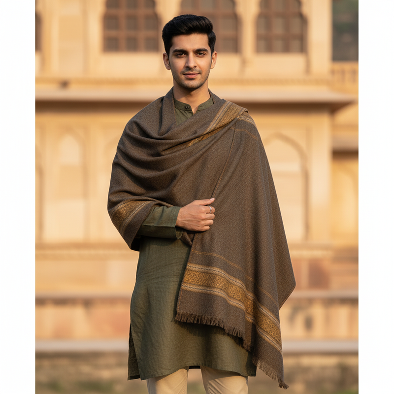 Modella Woollen Thick Shawl Lohi Himalyan With Border Colour Coffee Brown