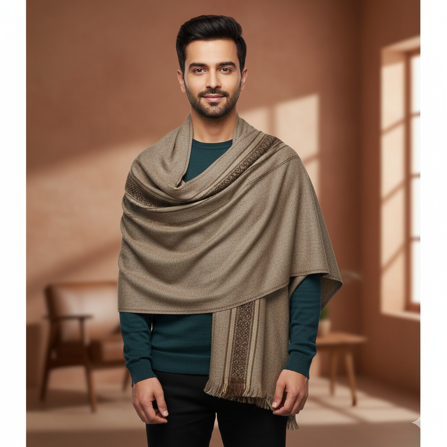 Modella Woollen Thick Shawl Lohi Himalyan With Border Colour Sand Brown