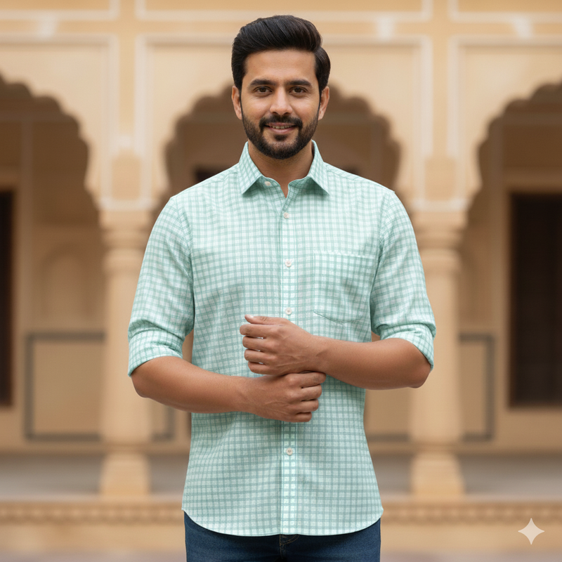 Shirt Fabric Raymond Pure Cotton Check Colour Mint Green