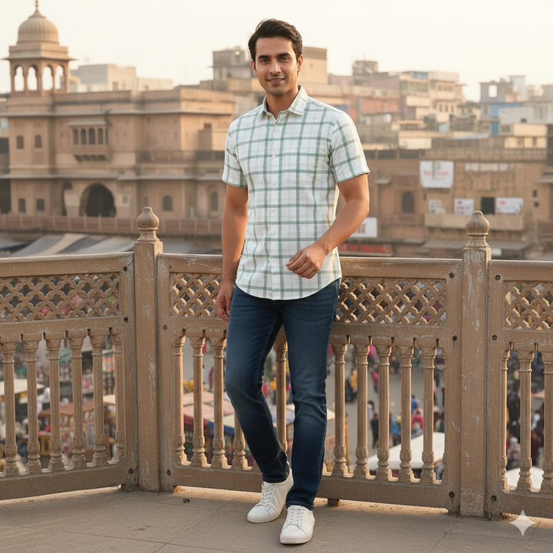 Shirt Fabric Raymond  100% Premium Cotton Broad Check Colour Green N White