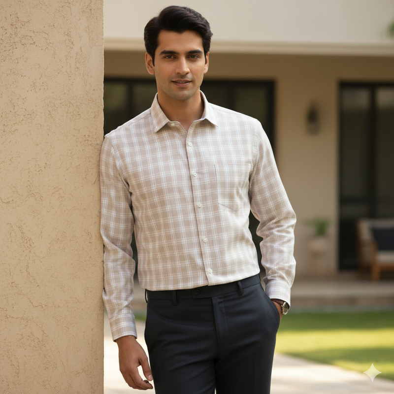 Shirt Fabric Raymond  100% Premium Cotton Check Colour Dark Vanilla