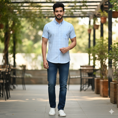 Shirt Fabric Raymond  100% Premium Cotton Check Colour River Blue