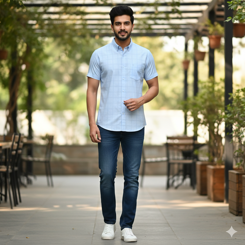 Shirt Fabric Raymond  100% Premium Cotton Check Colour River Blue